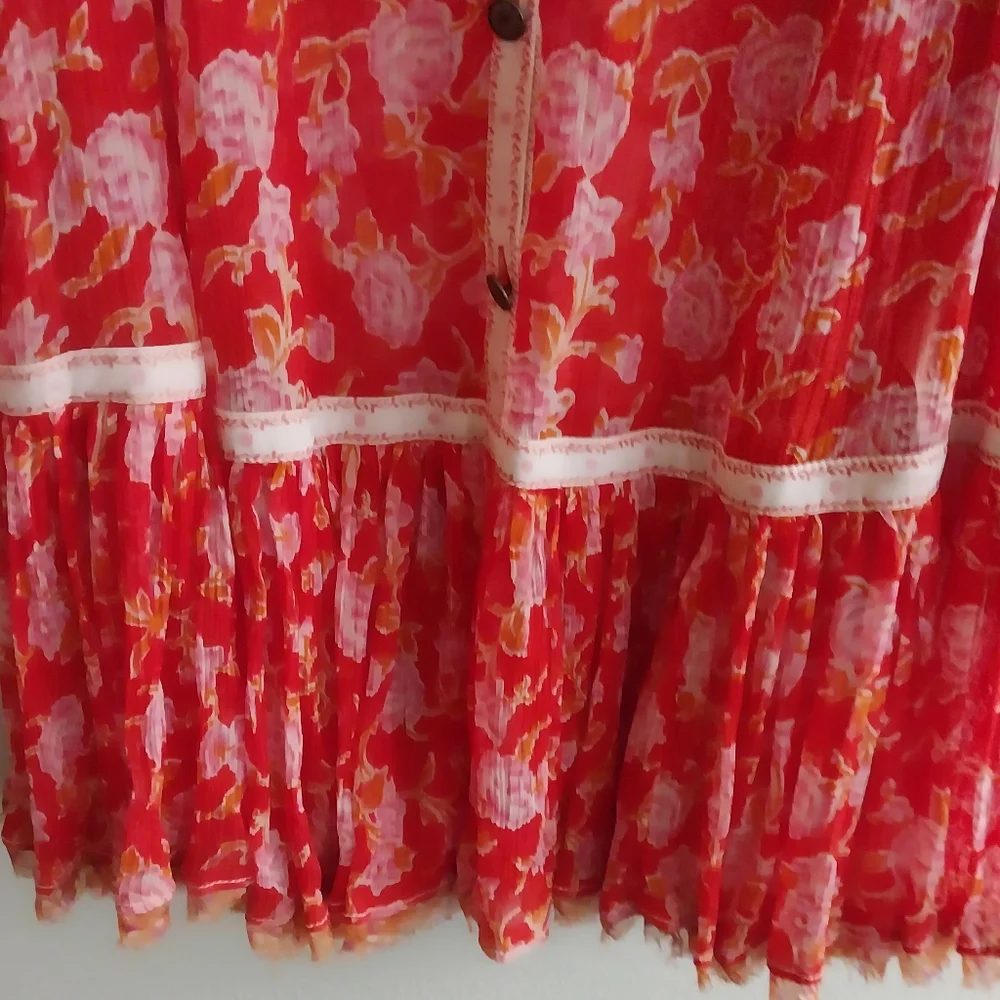 Free People Orange & Red Patchwork Floral Semi Sheer Boho Babydoll Tunic Dress